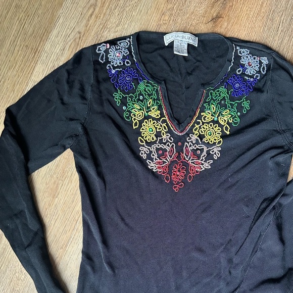Lucia Burns Y2K Black beaded rainbow floral long sleeve ribbed top. Size small. - Picture 5 of 6